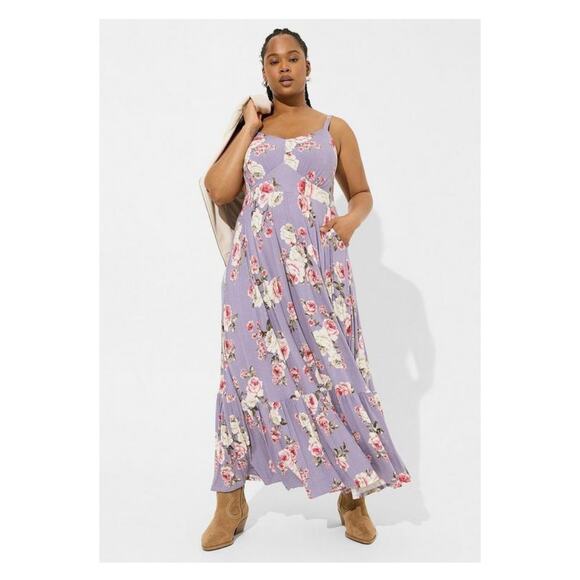 Torrid Purple Romantic Roses Floral Dusk Supersoft Tiered Maxi Dress Sz.4 NWT - Picture 1 of 14